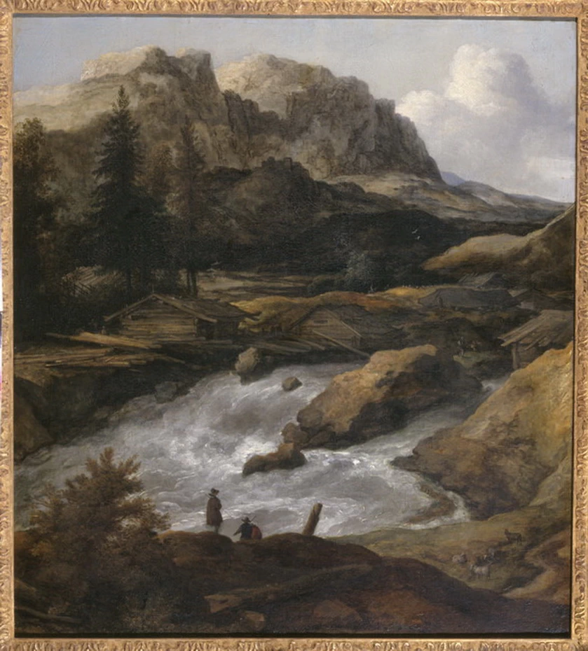 Paesaggio di montagna con capanne vicino a una cascata